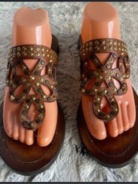 Frye Brown Leather Studded Thong Sandals